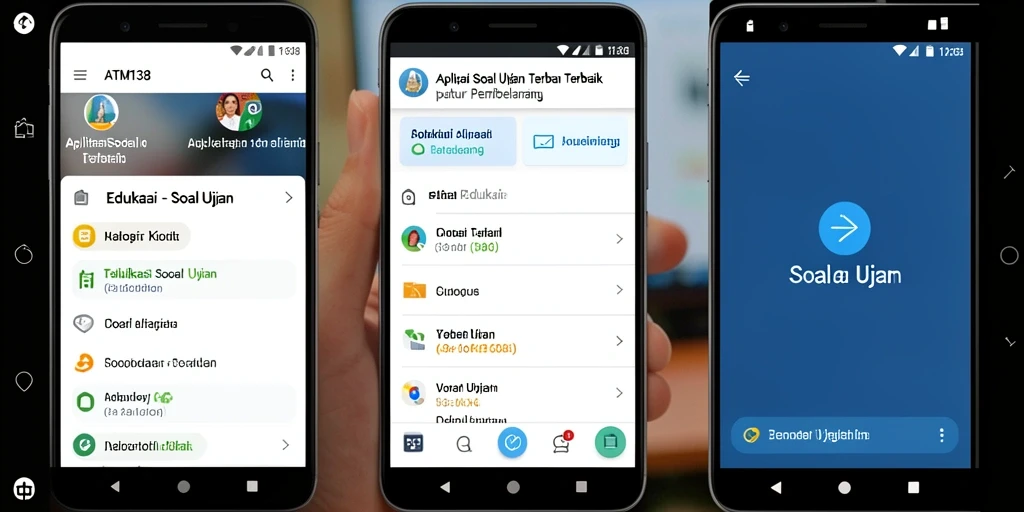 Screenshot aplikasi ATM138 menunjukkan antarmuka Soal Ujian yang interaktif.