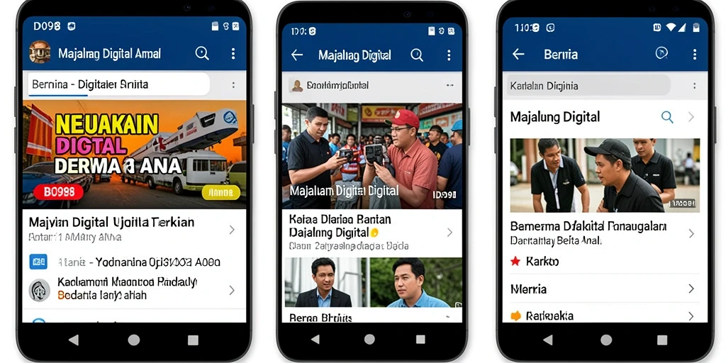 Antarmuka modern aplikasi ID098 yang menampilkan berita terkini.