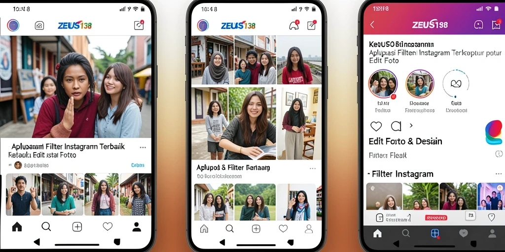 Tampilan antarmuka aplikasi ZEUS138 untuk edit foto dengan filter Instagram.